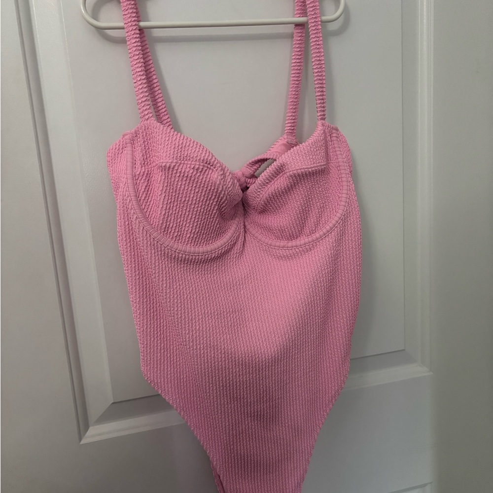 H&M Pink One Piece Swimsuit with Textured Bustier and Spaghetti Straps